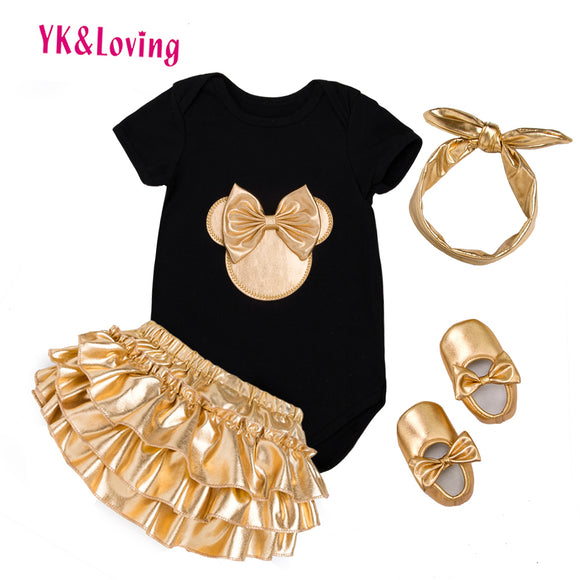 2018 Baby Girl Clothes 4pcs Clothing Sets Black Cotton Rompers Golden Ruffle Bloomers Shorts Shoes Headband