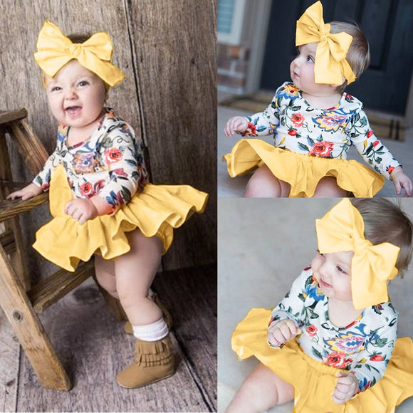Baby Girl Summer Outfits Set Patchwork Chic Clothing Set Long Sleeve Floral Print Tops+Shorts+Headband Clothes Outfit